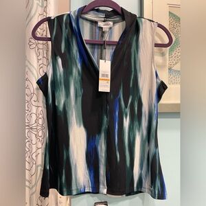 NWT Calvin Klein Women's Sleeveless Blouse Top Sz S Stretch Blue Black Abstract